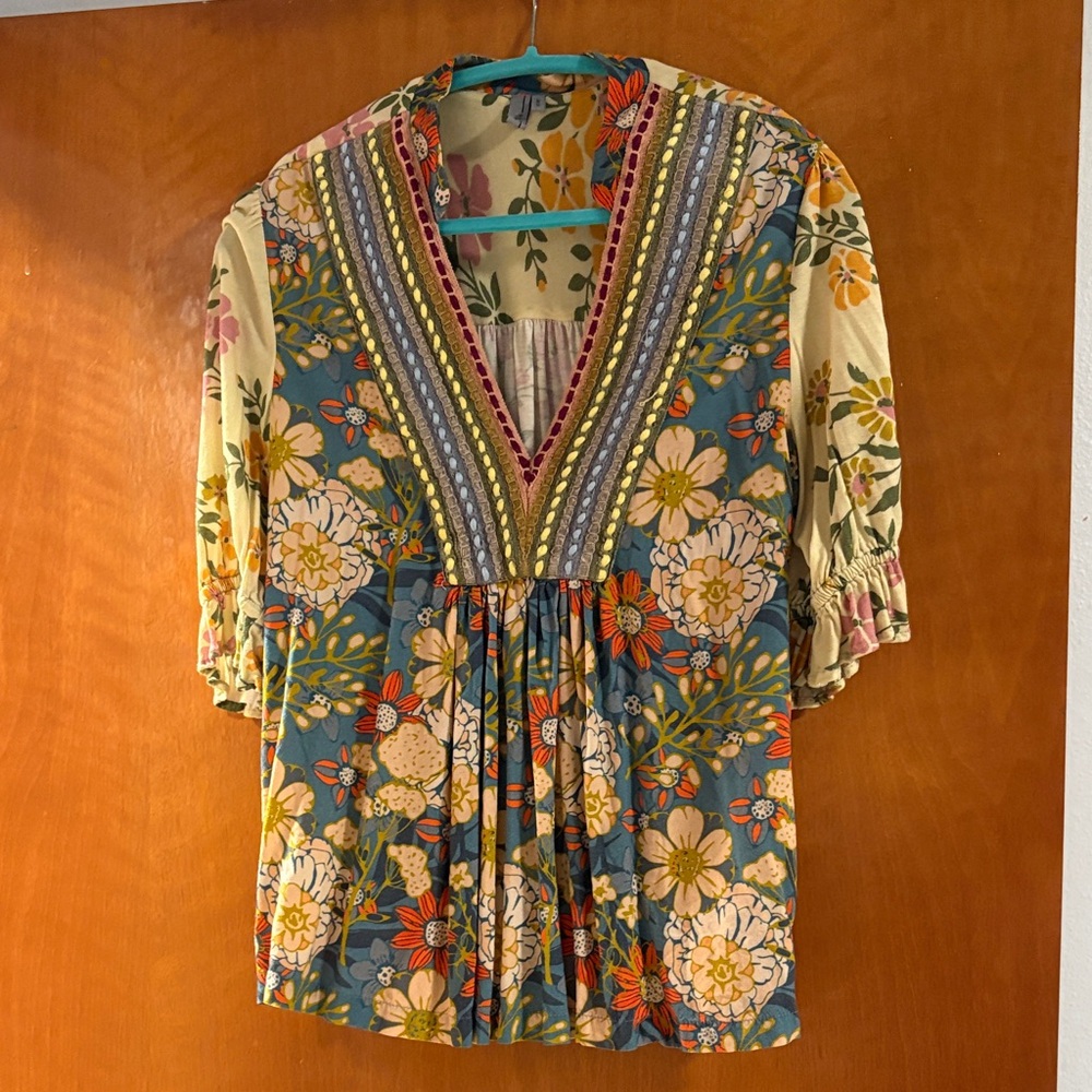 Anthropologie Floral V-Neck Boho Blouse in Teal and Cream